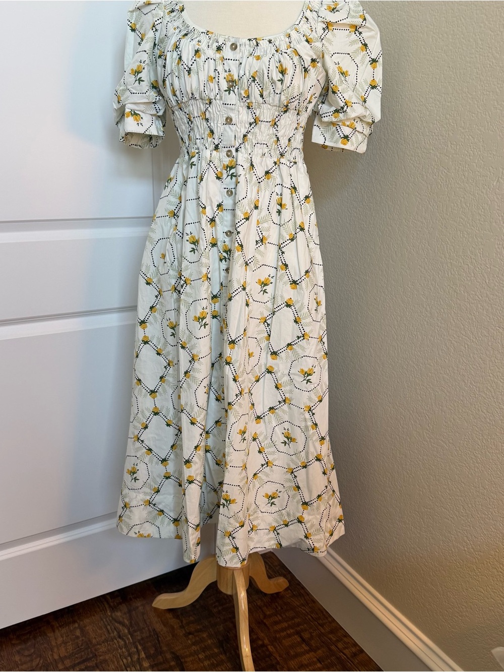 Anthropologie White and Yellow Floral Puff-Sleeve Midi Dress